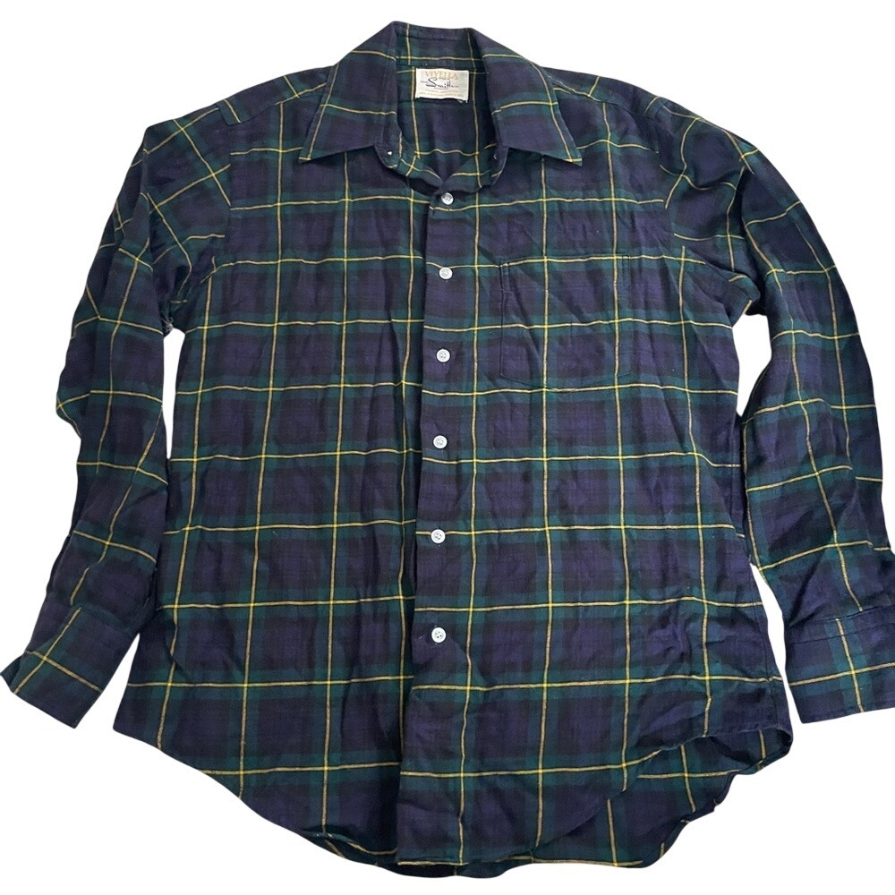 Viyella HA&E Smith Bermuda Wool Cotton Plaid Shirt Navy Green Yellow‎ Scotland
